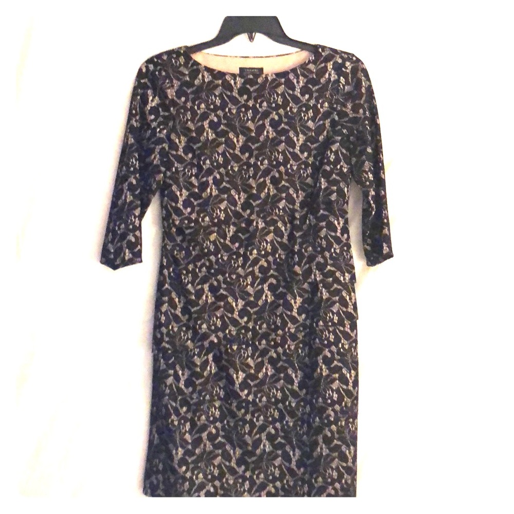 Tahari Tiered Black/Tan 3/4 Sleeve Sheath Dress